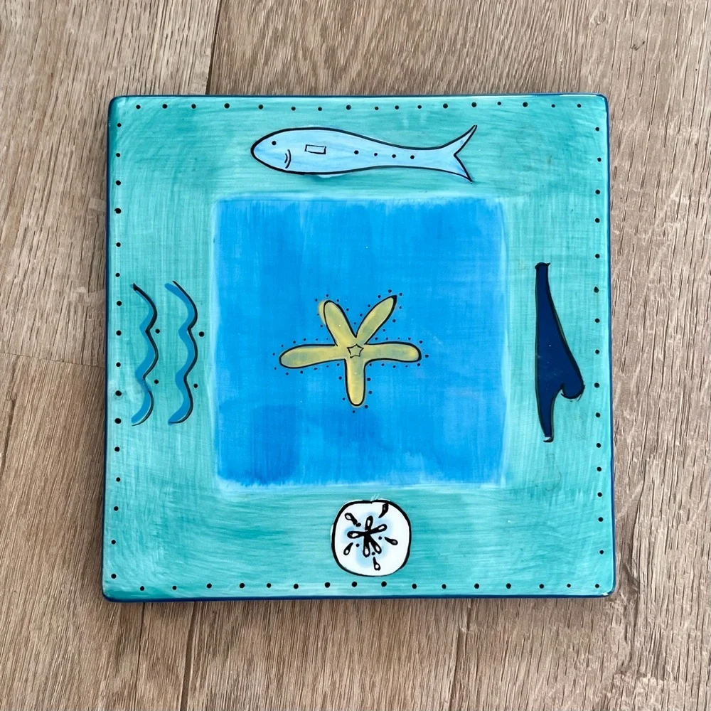 Brushes HandPainted Square‎ Trivet Tile Fish Starfish Sea Life By K.I.C 6”